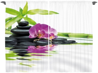 Abakuhaus Gardine Schlafzimmer Kräuselband Vorhang mit Schlaufen und Haken, Zen Motiv Purple Orchid Bambusse