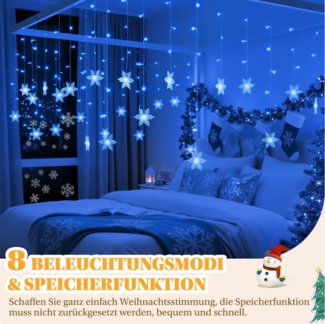 Sunicol Lichterkette Schneeflocke Weihnachtendeko LED Lichtervorhang, 8 Modi, Timer, 1.8M, mit Stecker, Warmweiß, Weiß, Mehrfarbig, Blau