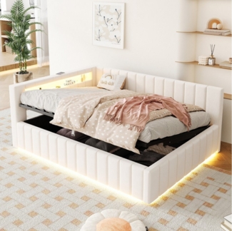 Merax Daybett 140x200 cm mit hydraulischem Stauraum (1 tlg), Polsterbett Tagesbett Schlafsofa mit LED, USB & Rückenlehne, Samt