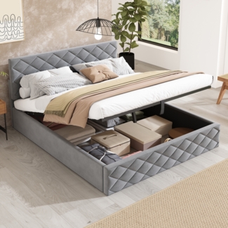 Merax Polsterbett, 140*200cm, Doppelbett Hydraulisches Funktionsbett mit Lattenrost und Stauraum, Einfach und elegant, Grau