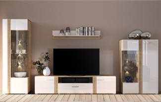 Wohnwand in Eiche Nb. AKRON-131 modern mit Fronten in weiß Hochglanz 4-teilig mit TV-Lowboard