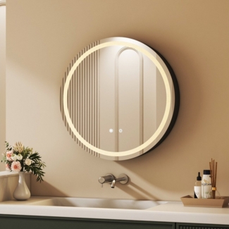 WDWRITTI Spiegelschrank mit steckdose 60 Badezimmerspiegelschrank mit LED (Wandschrank Badezimmer Rund 60x60cm, Rasiersteckdose, 3Lichtfarben, Dimmbar, Anti-fog, Speicherfunktion) Alu-Schranktür, Stahlblechregale, mit Netzadapter, IP44