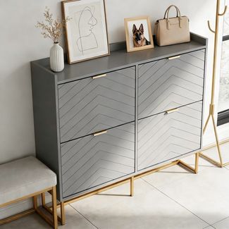 UEV Schuhschrank mit 4 Klappen, Schuhkipper Schmal, Schuhregal mit Metallfüße weiß (Packung, Modern Schuhaufbewahrung mit Oberplatte Schuhkommode mit Kippsicherung) trennwände verstellbar und abnehmbar für verschiedene Schuhtypen