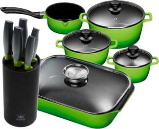 KING Topf-Set, Aluminiumguss (Set, 11-tlg, 4 Töpfe, 3 Deckel, Bräter, 1 Messerblock, 5 Kochmesser), Induktion