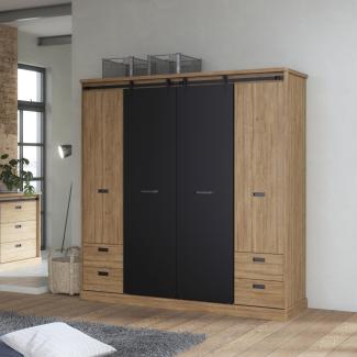 Kleiderschrank >KASZIMIRO< in Waterford Eiche /Schwarz - 203,2x208,4x61 (BxHxT)