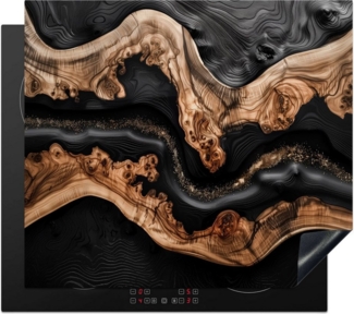 MuchoWow Herd-Abdeckplatte Schwarz - Braun - Holzmotiv, Vinyl, (1 tlg), Küche Herdabdeckung Ceranfeld Induktionsfeld Vinyl, 60x60 cm