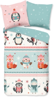 Good Morning Kids Flanell Bettwäsche 135x200 Turr Winter Tiere rosa mint 33370
