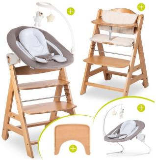 Hauck Hochstuhl Beta Plus Natur - Newborn Set Deluxe, Holz Babystuhl ab Geburt, Aufsatz für Neugeborene, Sitzkissen, Tisch