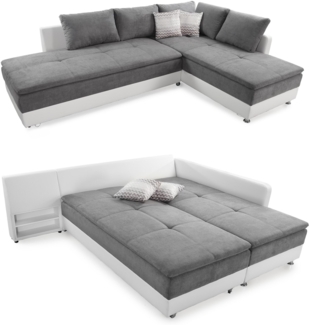 ECKSOFA-DAUERSCHLÄFER Doppelbett Boxspring Federkern Topper, Schwenkteil links 306/223/95 cm, Kunstleder Weiß+ Mikrofaser Hellgrau