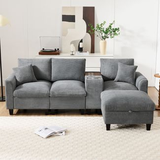 L-Form Sofa, mit integrierter Konsole & Stau-Hocker, Cordstoff, 229x149,5x83 cm, Grau