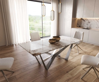 Esstisch Edge 200x100 Keramik Minas Melange Weiß-Beige Spider Flachstahl Edelstahl