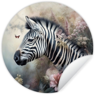 MuchoWow Wandsticker Zebra - Wilde Tiere - Schmetterling - Blumen (1 St), Wandtattoo Selbstklebend, Wohnzimmer Deko Aufkleber, 30x30 cm