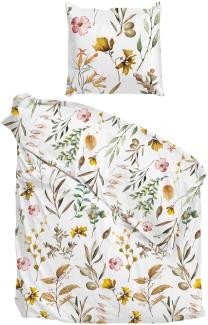 Zo! Home Flanell Bettwäsche 155x220 Shae white Blumen Blätter grün gelb