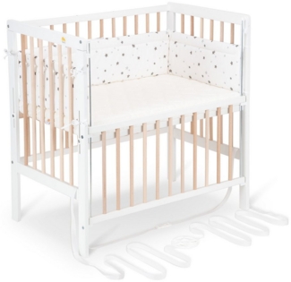 FabiMax Beistellbett Boxspring Flex weiß / natur inkl. Matratze Comfort und Nestchen graue Sterne