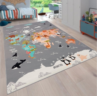 Paco Home Kinderteppich Bino 581, rechteckig, Höhe: 4 mm, Spielteppich, Motiv Weltkarte & Tiere, Kinderzimmer