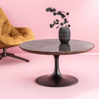 Signature 'TULIPE' Couchtisch mit blauer Steinplatte, umgeben von massiver Eiche - L90 cm - Schwarz