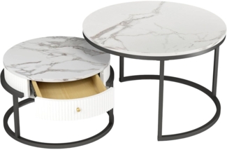 Wohnzimmertisch Rund mit Schublade Marmor Optik Wohnzimmer Tisch Φ 70 cm & Φ 50