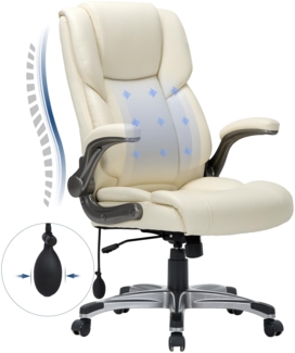 COLAMY Bürostuhl mit Hoher Rückenlehne, Ergonomischer Computer-Schreibtischstuhl, Leder mit Gepolsterten Klapparmlehnen, Verstellbarer Neigungsverschluss, Drehstuhl für Erwachsene, Elfenbein