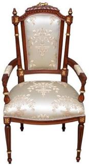 Casa Padrino Barock Esszimmerstuhl Cremefarben / Braun / Gold - Handgefertigter Antik Stil Stuhl mit Armlehnen - Esszimmer Möbel im Barockstil