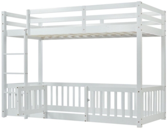 KLAM HOME Kinderbett Kiefer Massivbett Etagenbett mit Treppe (Set, Hausbett 90x200 mit Rausfallschutz und Lattenrost), Etagenbett Holzbett Bettgestell für Kinder Mädchen Jungen bis zu 100kg