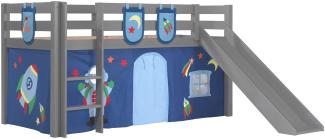 Vipack Spielbett 'Pino' inkl. Rutsche grau, mit Textilset Vorhang und 3 Taschen 'Astro'