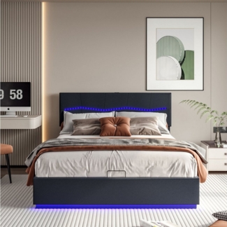 FUROKOY Polsterbett Doppelbett Jugendbett mit hydraulischer Lagerung und multifunktionalen (Mit USB- und Typ-C-Ladeschnittstelle, mit LED Beleuchtung & Lattenrost), 2 Steckdosen & RGB-Lichtband am Kopfteil