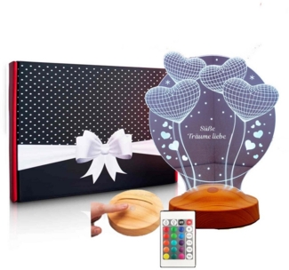 Geschenkelampe LED Nachttischlampe Ballon Herzen 3D Gravur mehrfarbige Lampe Geschenk für Taufe, Leuchte 7 Farben fest integriert, Geburtstagsgeschenk für Babys, Kinder