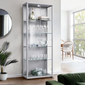 K-Möbel Vitrinenschrank 2-türig (176x67x33cm) - Made in Germany - Standvitrine Silber / Alu mit 4 höhenverstellbaren Glasböden & LED - Glasvitrine Stehend - Vitrine Glas - Display Cabinet