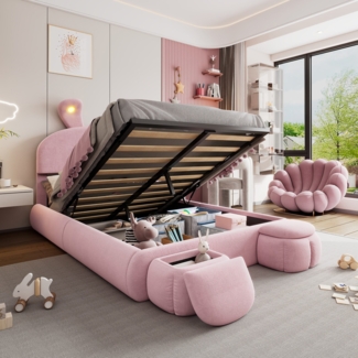 Polsterbett mit LED-Beleuchtung und Sitzhocker (140x200 cm), Doppelbett mit Stauraum, Samt