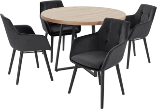 loft24 Essgruppe Cliff, (Set, 5-tlg), runder Esstisch, 4 Esszimmerstühle, Polsterstuhl, Metallgestell