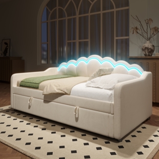 Merax Daybett, 90x200cm, Kinderbett, Einzelbett, Tagesbett, Schlafsofa, Hydraulisch Bett, Mit Stauraum, (Ohne Matratze), Samt, Farbwechselbarer LED-Streifen, Beige