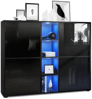 Vladon Highboard Cuba V3, Schwarz matt/Schwarz Hochglanz inkl. LED - Moderne Anrichte mit 12 Fächern (130,5 x 105,5 x 35,5 cm)