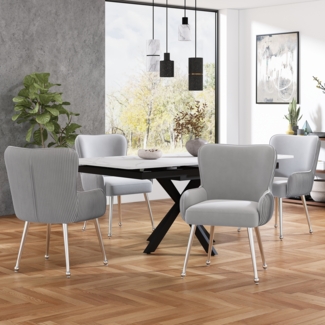 4er-Set Samt-Esszimmerstühle mit Armlehnen, grau/silber, 53 x 57 x 83 cm