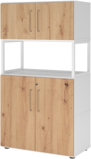 bümö flexi Aktenschrank abschließbar mit Flügeltüren & 1 Regalfach offen in Weiß/Asteiche, Büroschrank mit werkzeuglosem Schnellmontage-Klicksysten in modularer Bauweise, FW48K5RG-W-R-BS