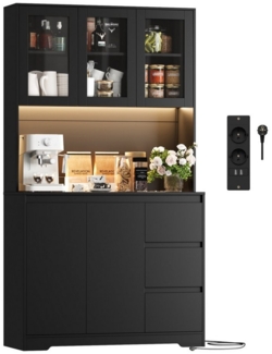 Homfa Küchenbuffet mit LED Küchenschrank Buffetschrank Sideboard schwarz mit Steckdosenleiste & Arbeitsplatte 180 x 100 x 38.5 cm