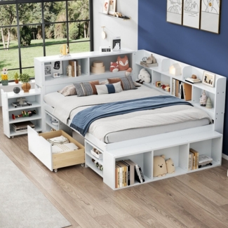 OKWISH Kinderbett kombiniert ein Bett,Schubladen,Bücherregale und Aufbewahrungsschränke (Jugendbett, Holzbett, Einzelbett, mit Lattenrost, ohne Matratze, 140*200cm), einfachen Montageschritten