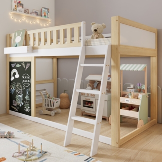 Hochbett, Kinderbett kleine Tafel zum Bemalen mit Aufbewahrungsbox Sicherheitsgeländer individuell anpassbarer Stauraum unter dem Bett, Kiefer+MDF, Weiß+Natur, 90x200cm