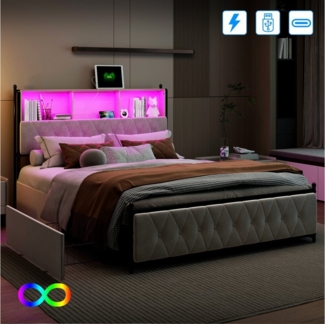 Gdood Polsterbett Stauraumbett Doppelbett LED (1 tlg, Mit Vier extra große Schubladen), Mit LED-Beleuchtung, USB & TYPE-C Anschlüsse, Samt, 180x200 cm