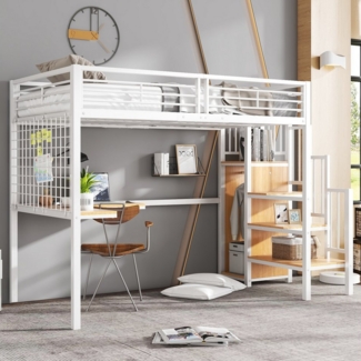 Merax Hochbett (1-St) Etagenbett 90x200 mit Schreibtisch & Kleiderschrank, Eisen Kinderbett