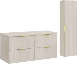 ADEL CASHMERE Badmöbel-Set 120 cm mit Waschtischplatte und Hochschrank (46x120cm), Kaschmir matt