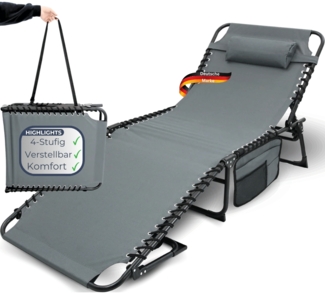 Sonnenliege klappbar wetterfest LUNA - Mit Kopfkissen | Tragbare Liege mit Seitentasche Strandliege Gartenliege Liegestuhl mit Verstellbarer Rückenlehne, Anthrazit