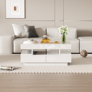 Couchtisch, Spanplatte in Hochglanz, mit LED-Lichtleiste & 4 Schubladen, 80x50x36 cm, Weiß