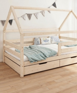 Ehrenkind Hausbett Sona aus massivem Kiefernholz, FSC® zertifiziert (mit Rausfallschutz in Natur), Hausbett 90x200 cm