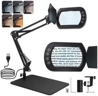 QUBEBU Lupenlampe LED-Lupenleuchte mit Klemme & Standfuß, Einstellbar Arbeitsplatzlampe, LED fest integriert, Beleuchtete Lupe mit 5 Farbmodi und stufenloser Dimmbarkeit, Für Kosmetik, Bastler, Lesehilfe Vergrößerungslampe