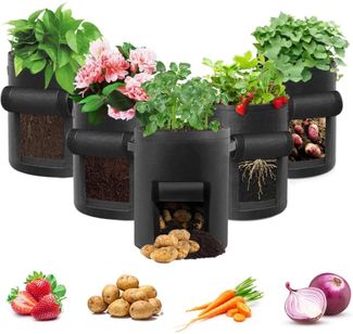 5er Set 10 Gallonen Pflanzbeutel für Gemüse, Obst, Blumen - Schwarz