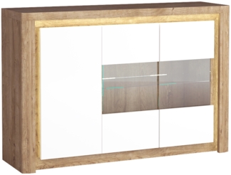 Kommode Livinio Sideboard 144x41x98cm Ribbeck Eiche weiß Hochglanz inkl. LED