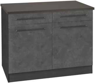 KOCHSTATION Unterschrank KS-Tulsa 100 cm breit, 2 Schubkästen, 2 Türen, schwarzer Metallgriff, MDF Front