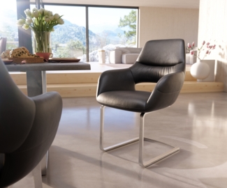 Freischwinger Yago-Flex mit Armlehnen Echt-Leder Schwarz Freischwinger flach Edelstahl Taschenfederkern