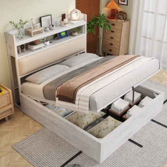 Bettrahmen, mit hydraulischer Hebevorrichtung, USB, gepolstertem Kopfteil, Vintage-Design aus Holz und Metall, verstecktem Stauraum, Doppelbett, Moderne Schlafzimmermöbel, Holz und Metall, Weiß, 140 x 200