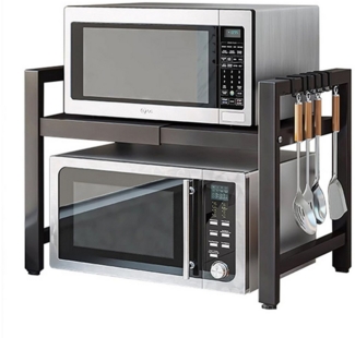 REDOM Küchenregal Mikrowellenregal ausziehbar Ablageregal, 2-Stufiges Bäckerregale aus Kohlenstoffstahl 1-tlg, mit 6 Haken, belastbar bis 30 kg für Mikrowelle Toaster Vorräte usw.